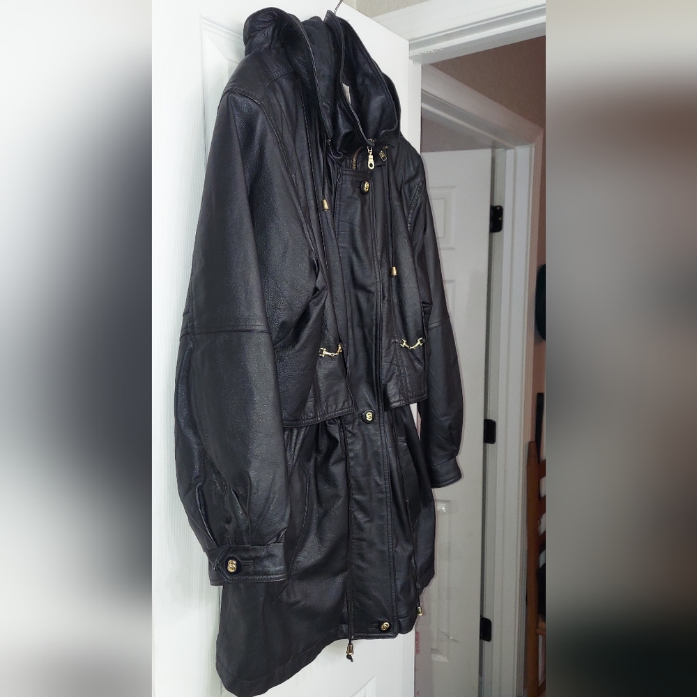 ☆VINTAGE 90's☆ Leather Hooded Midi Jacket w/ Gold Hardware Women's Size XL Coat - Picture 6 of 11